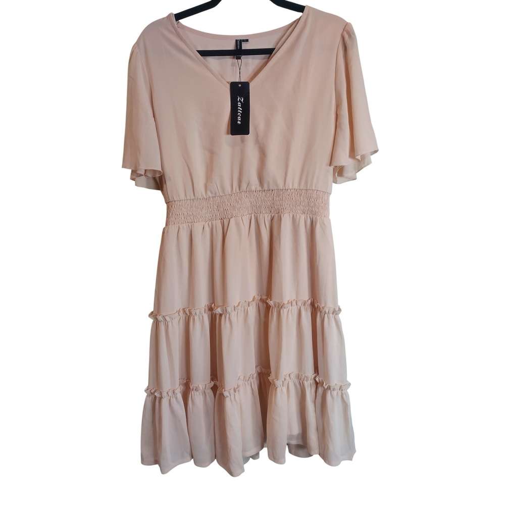 Zattcas Women Peach Chiffon Smocked Waist Tiered Flutter Sleeve Mini Dress L